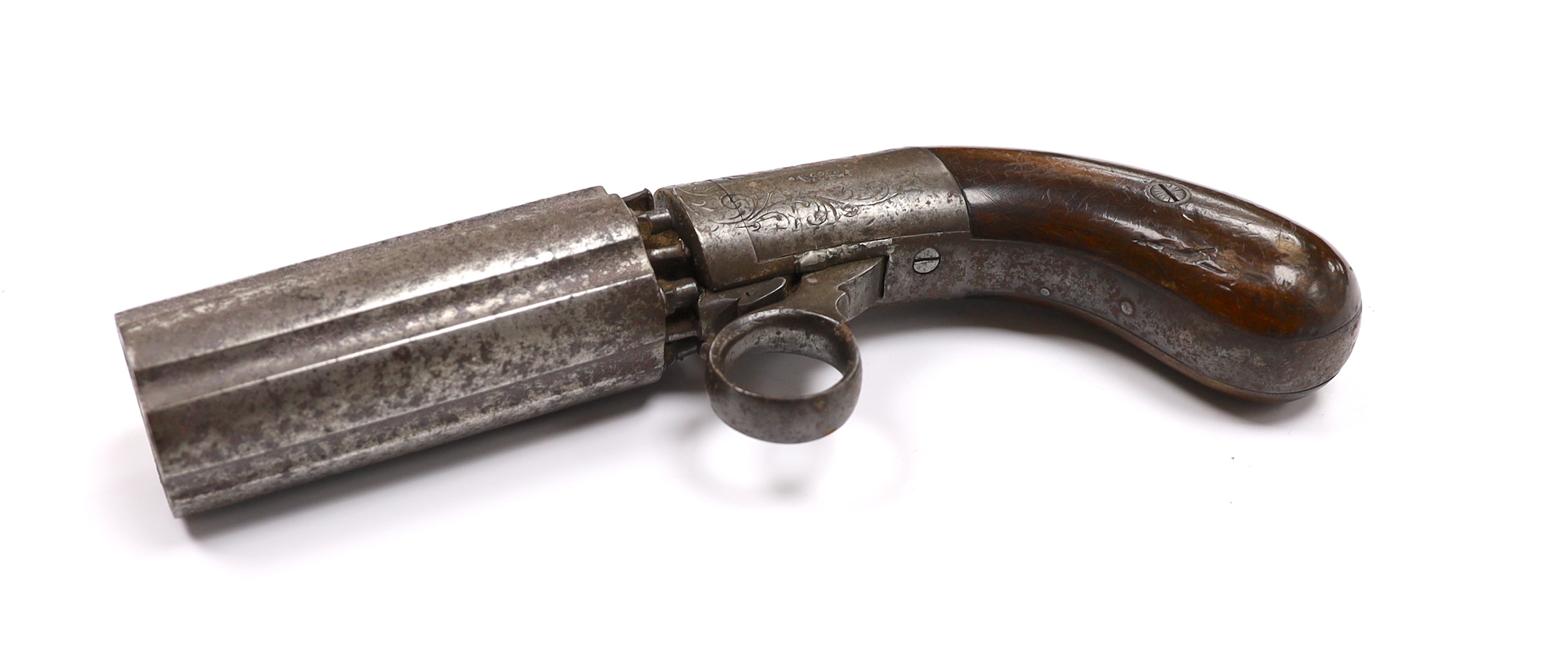 A 19th century, six barrel under action percussion pistol, with engraved lock and walnut grip, stamped ‘Coopers patent’, barrel 8.6cm